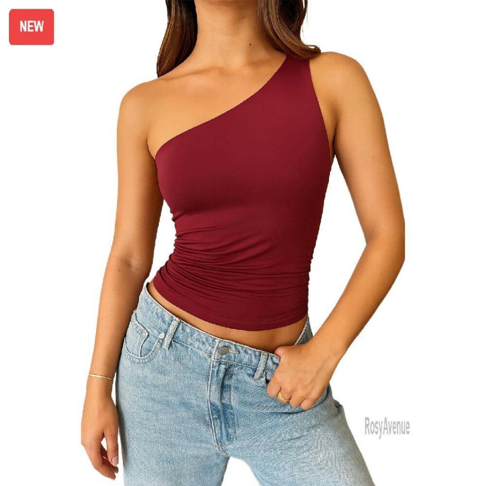 One Shoulder Ruched Crop Tank Top - Nylon Spandex Slim Fit Summer
